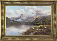 Lot 448 - HIGHLAND LOCH SCENE WITH SHEEP IN THE FOREGOUND, BY WENDY REEVES