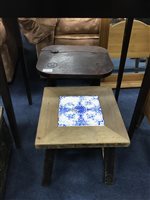 Lot 411 - A MAHOGANY FOLD OVER CARD TABLE AND TWO STOOLS