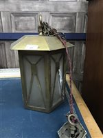 Lot 249 - A SMALL BRASS AND GLASS LIGHT SHADE