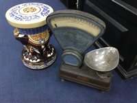 Lot 59 - A SET OF VINTAGE AVERY SHOP SCALES AND A CHINESE DRUM STOOL (2)
