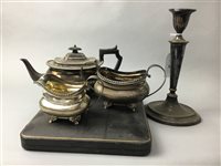 Lot 88 - A SILVER DOUBLE HANDLED SUGAR BOWL ALONG WITH JUG, TEAPOT AND SERVING SET