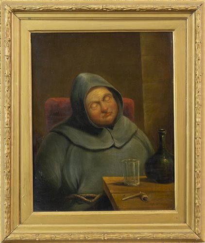 Lot 438 - AN OIL ON BOARD DEPICTING A SLEEPING MONK