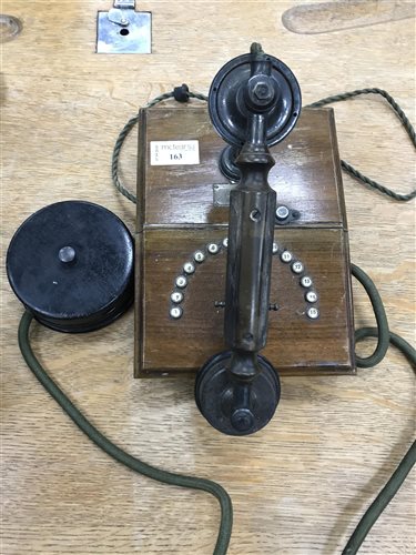Lot 163 - A BRITISH MADE WALL HANGING TELEPHONE AND TWO SIMILAR HANDSETS