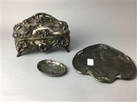 Lot 176 - A WHITE METAL CASKET, A TRINKET TRAY AND A SMALL PIN DISH