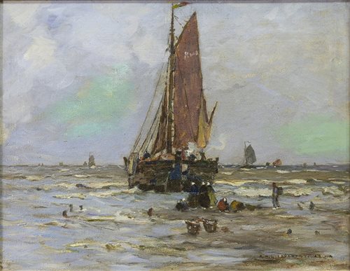 Lot 409 - BOAT IN CHOPPY SEAS, AN OIL ON CANVAS BY ROBERT McGOWN COVENTRY