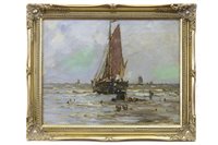 Lot 409 - BOAT IN CHOPPY SEAS, AN OIL ON CANVAS BY ROBERT McGOWN COVENTRY