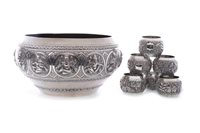 Lot 1013 - AN INDIAN SILVER BOWL AND SIX NAPKIN RINGS