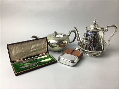 Lot 207 - A SILVER PLATED TEA POT AND OTHER TABLEWARE