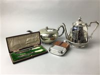 Lot 207 - A SILVER PLATED TEA POT AND OTHER TABLEWARE