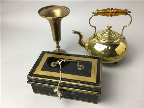 Lot 213 - A BRASS KETTLE AND FIRE IRONS