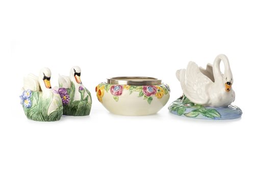 Lot 1348 - THREE CLARICE CLIFF SWANS AND A CLARICE CLIFF BOWL