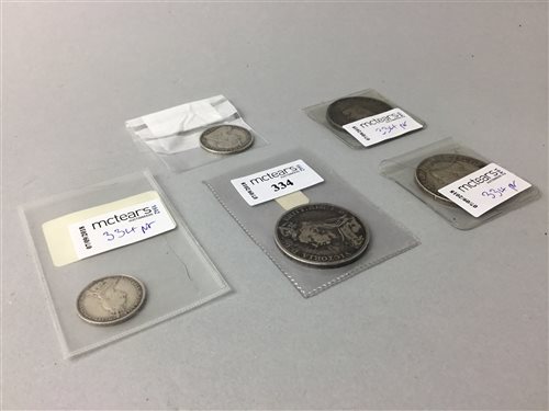 Lot 334 - THREE VICTORIAN CROWNS AND OTHER COINS