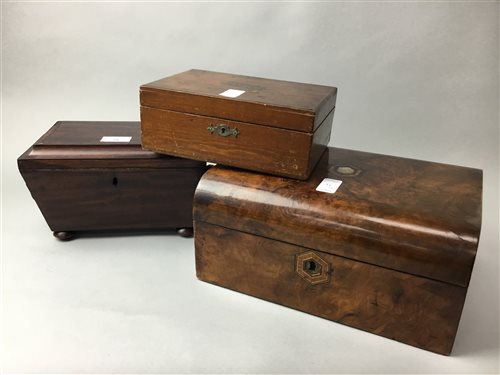 Lot 98 - A REGENCY MAHOGANY NEEDLEWORK BOX AND TWO OTHER WOODEN BOXES