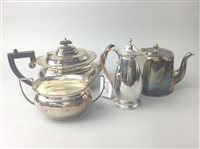 Lot 368 - A SILVER PLATED THREE PIECE TEA SERVICE ALONG WITH OTHER TABLE WARE