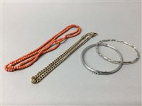 Lot 379 - A CORAL BEAD NECKLACE ALONG WITH A CHAIN AND TWO BANGLES