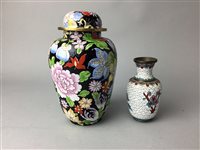 Lot 392 - AN ENAMEL JAR AND COVER ALONG WITH VASE