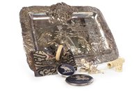Lot 1066 - A JAPANESE WHITE METAL TRAY, IVORY AND SILVER