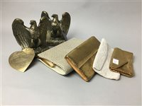 Lot 438 - A BRASS WATER JUG AND TWO BRASS CANDLE STICKS