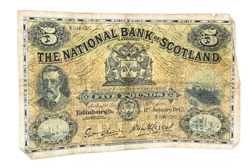 Lot 609 - THE NATIONAL BANK OF SCOTLAND £5 FIVE POUNDS NOTE, 11TH JANUARY 1943