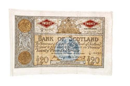 Lot 580 - A BANK OF SCOTLAND £20 TWENTY POUNDS NOTE, 11TH JUNE 1956