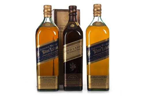 Lot 1190 - TWO JOHNNIE WALKER BLUE LABEL ONE LITRE BOTTLES & ONE JOHNNIE WALKER GOLD LABEL CENTENARY BLEND AGED 18 YEARS