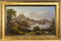 Lot 413 - THE VIEW TO A LOCH AND MOUNTAINS, AN OIL ON BOARD BY THOMAS DUDGEON