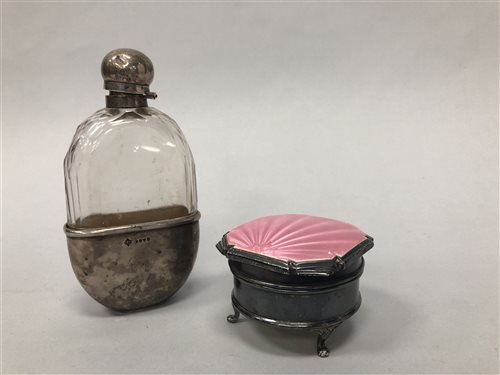 Lot 62 - A SILVER AND ENAMEL BOX WITH A SILVER MOUNTED BOTTLE