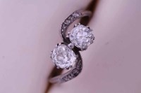 Lot 1949 - DIAMOND TWO STONE RING the two old cushion cut...