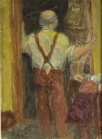 Lot 671 - RED DUNGAREES, AN ORIGINAL OIL ON BOARD
