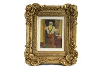 Lot 671 - RED DUNGAREES, AN ORIGINAL OIL ON BOARD