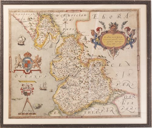 Lot 1664 - A FRAMED MAP OF LANCASHIRE