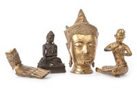 Lot 1134 - AN EASTERN BRONZE BUDDHA, DEITY, BUDDHA HEAD AND A HAND MODEL