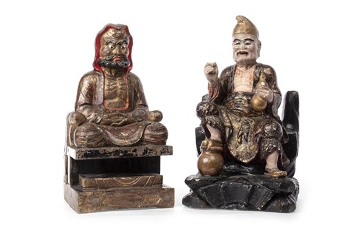 Lot 1136 - A LOT OF TWO CHINESE GILDED AND LACQUERED WOOD FIGURES
