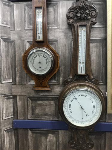 Lot 177 - A LATE VICTORIAN OAK BANJO BAROMETER AND ANOTHER