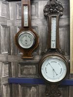 Lot 177 - A LATE VICTORIAN OAK BANJO BAROMETER AND ANOTHER