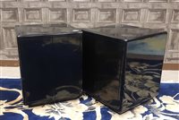 Lot 1106 - A PAIR OF CHINESE EBONISED SQUARE PEDESTAL CABINETS