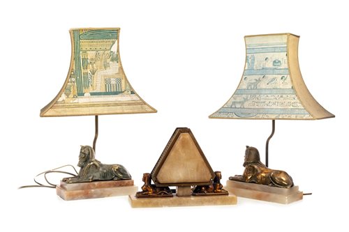 Lot 1820 - AN ART DECO TABLE LAMP AND TWO SPHINX TABLE LAMPS