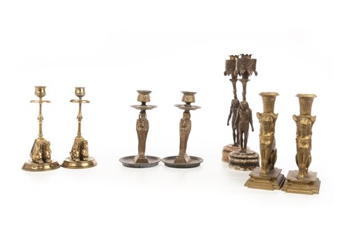 Lot 1831 - A PAIR OF VICTORIAN CANDLESTICKS AND THREE OTHERS