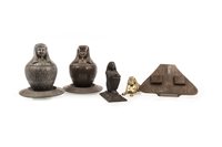 Lot 1832 - A LOT OF TWO PEWTER SPHINX TOBACCO JARS, TWO INKWELLS AND AN INKSTAND