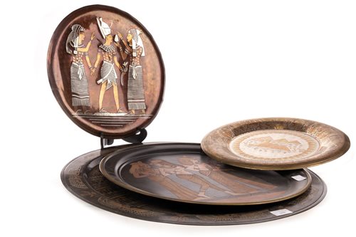 Lot 1841 - A LARGE COPPER TRAY AND OTHER EGYPTIAN REVIVAL TRAYS
