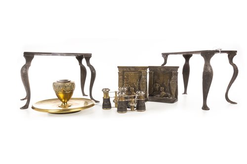 Lot 1843 - A VICTORIAN BRASS INKSTAND, BOOKENDS AND OPERA GLASSES