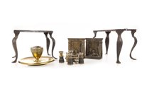 Lot 1843 - A VICTORIAN BRASS INKSTAND, BOOKENDS AND OPERA GLASSES