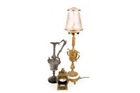 Lot 1844 - A CLOCK CASE, A BRASS TABLE LAMP AND A METAL EWER