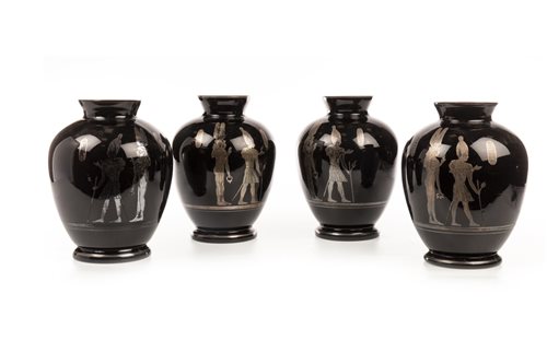 Lot 90 - A LOT OF TWO PAIRS OF BLACK GLASS VASES