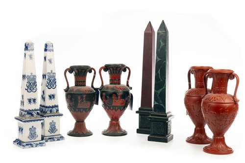 Lot 1859 - A LOT OF TWO PAIRS OF OBELISKS AND TWO PAIRS OF VASES