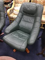 Lot 256 - TWO GREEN LEATHER SWIVEL ARMCHAIRS