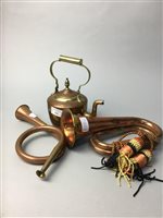 Lot 232 - TWO COPPER HORNS AND A COPPER KETTLE (3)