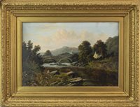 Lot 522 - LANDSCAPE WITH FIGURES AND BRIDGE, BY CHARLES LESLIE