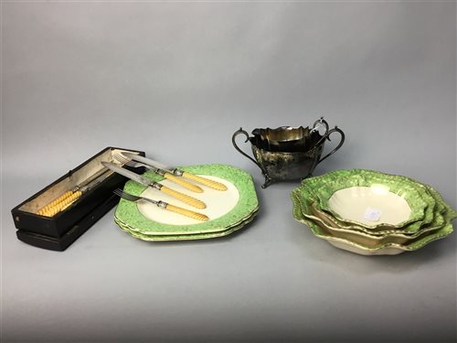 Lot 399 - A SET OF SILVER HANDLED DESSERT KNIVES AND FORKS ALONG WITH PLATES