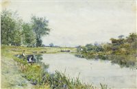 Lot 498 - ANGLERS FISHING THE RIVER TEST, HAMPSHIRE, BY EDWARD RENARD